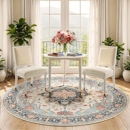 RELEANY Washable Area Rug, Round 5ft, Water Repellent, Pet Friendly, Vintage - Image 3