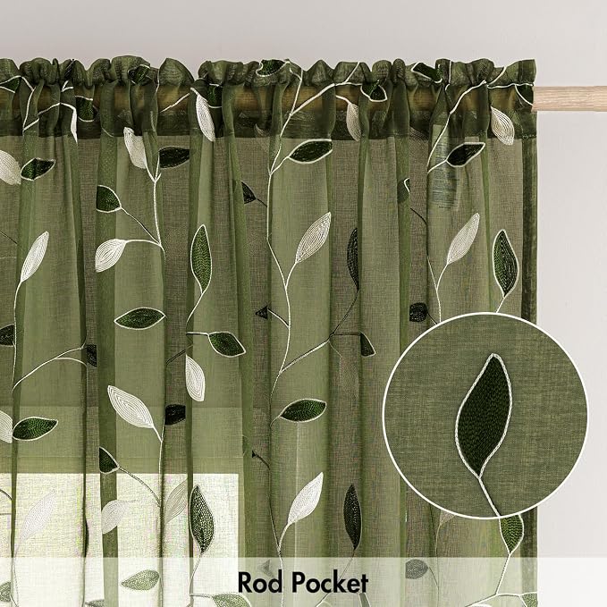 MIULEE Olive Green Sheer Curtains 2 Panels Leaf Patterned, W52 x L63 | - Image 6