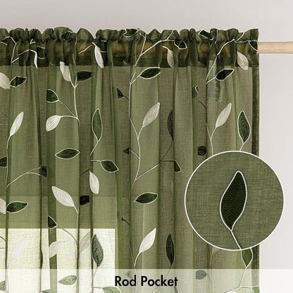 MIULEE Olive Green Sheer Curtains 2 Panels Leaf Patterned, W52 x L84 | - Image 6