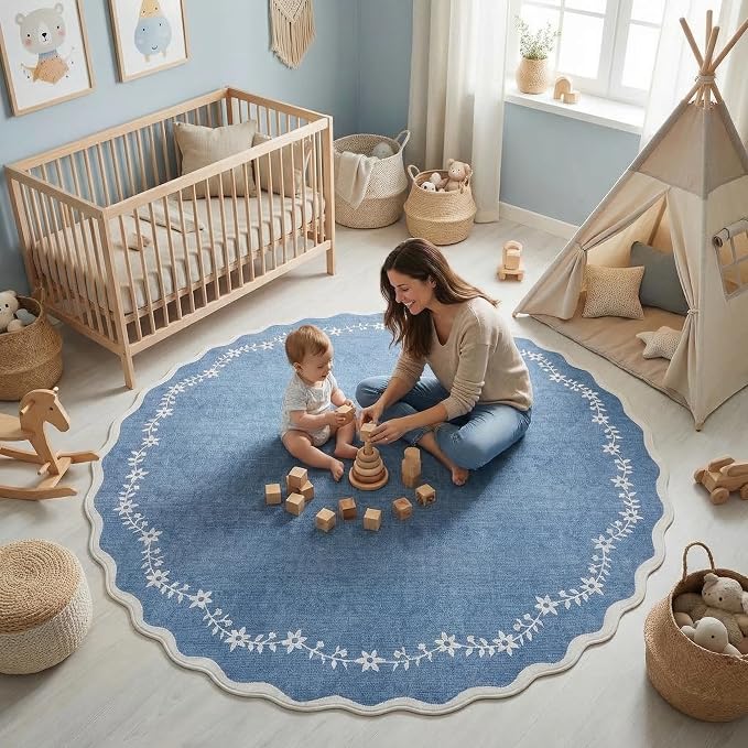 GarveeHome Round Rugs 4ft Scalloped Washable Small Circle Rug - Image 3