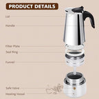Stovetop Espresso Maker, 6 cup Moka Pot, Italian Coffee Maker Percolator, Stainless Steel Espresso Pots, 300ml/10oz(Espresso Cup=50ml/1.7oz) Coffee Pot Cafe Maker for Induction Cookers, Hobs