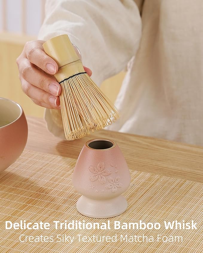 ZENS Matcha Whisk Set, Pink Ceramic Matcha Bowl with Embossed Sakura, 6pcs Matcha Tea Kit Includes Bamboo Whisk, (Chasen Holder) Scoop & Sifter, Tea Towel for Matcha Ceremony, Pink