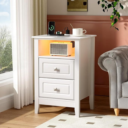 Bonnlo White Night Stand with Charging Station, Led Nightstand White Wood - Image 7