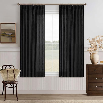 Black Pleated Linen Blend Semi Sheer Rustic Kitchen Curtains 63 Inch Long | by Twodrapes