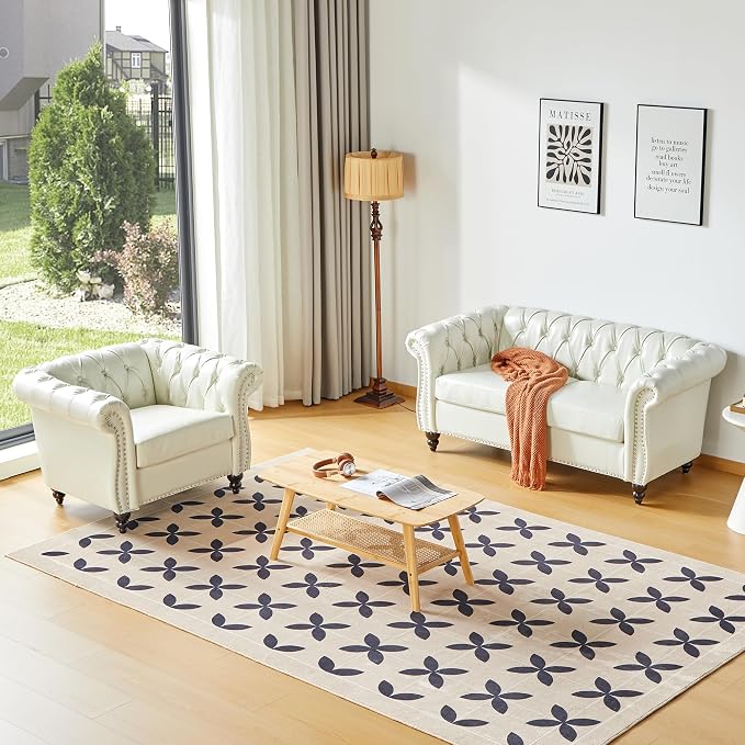 ORRD 2 Piece Living Room Set, Chesterfield Faux Leather Sofa Couch Chair by ORRD