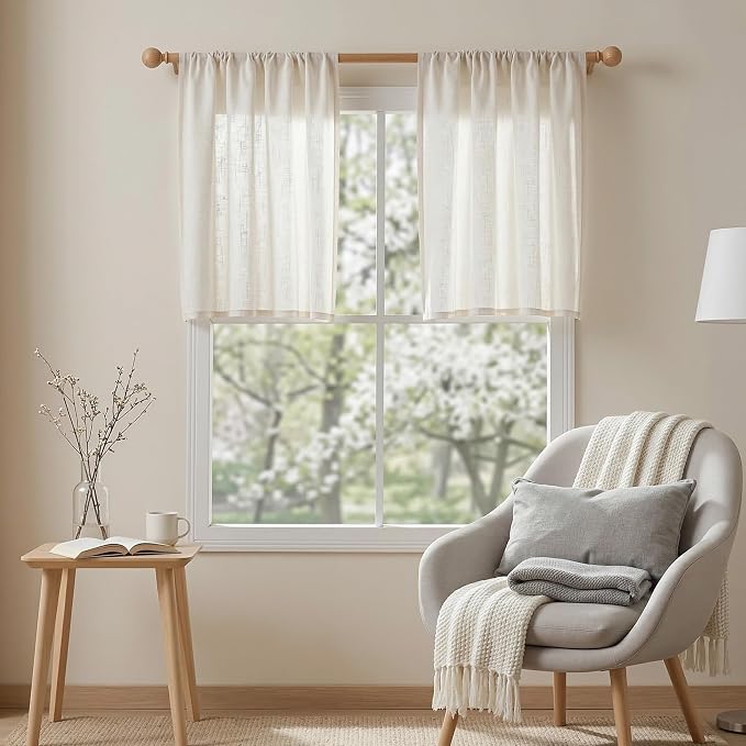 MYSKY HOME Semi Sheer Natural Linen Curtains 36 Inch Length 2 Panels, Light - Image 2