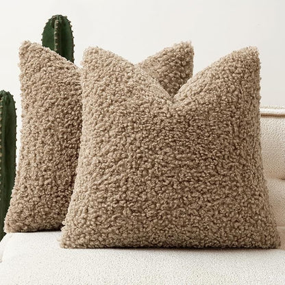 Faux Fur Throw Pillow Covers 24x24 Inch Set of 2 Boucle Neutral Decorative by Woaboy