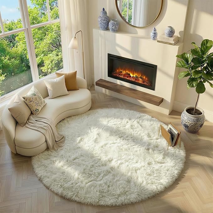 Amdrebio Ivory Cream White Round Area Rug 5Ft - Image 7