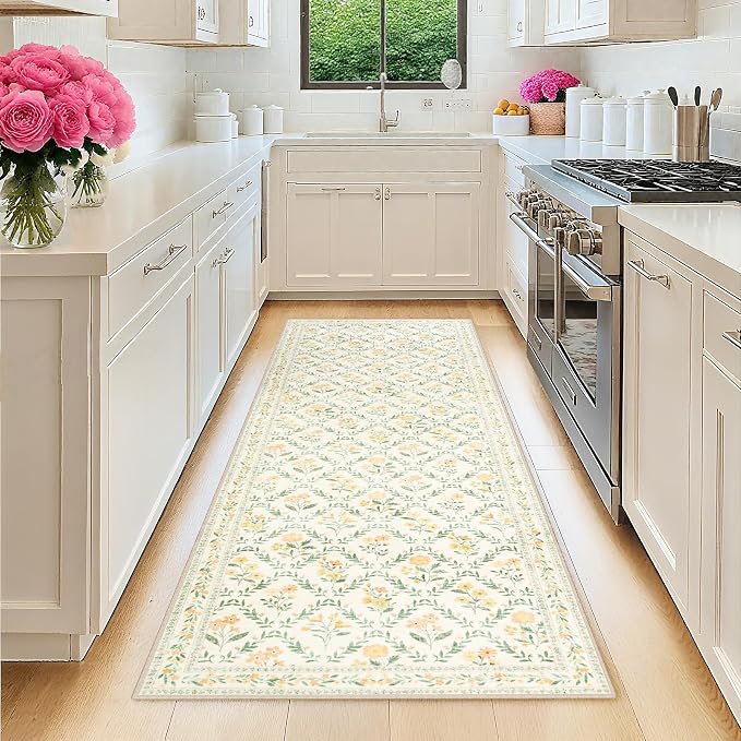PLHXFR 2.6x8 Washable Runner Rug：Floral Indoor Kitchen Carpet Beige Multi | by PLHXFRSoftAreaRugs