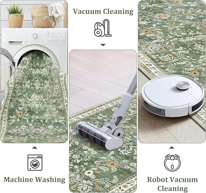 Yamaziot 3x8 Washable Hallway Runner Rug Non Slip Floral Carpet, Sage Green | - Image 3