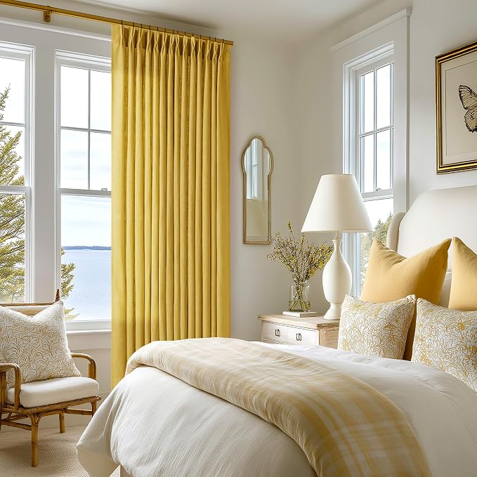 Mustard Yellow Pleated Semi Sheer Linen Curtains 96 Inches Long 2 Panel Set | - Image 6