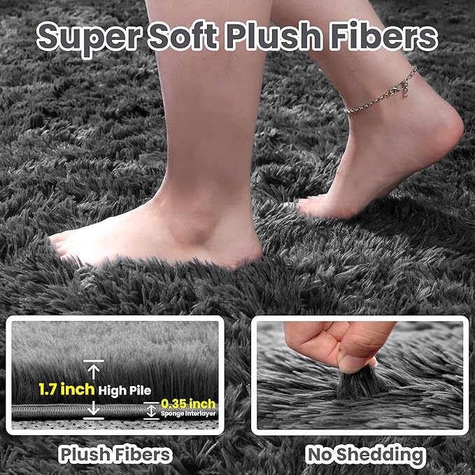 4x6 Fluffy Shag Area Rugs for Living Room Bedroom: Soft Plush Carpet Grey | - Image 5