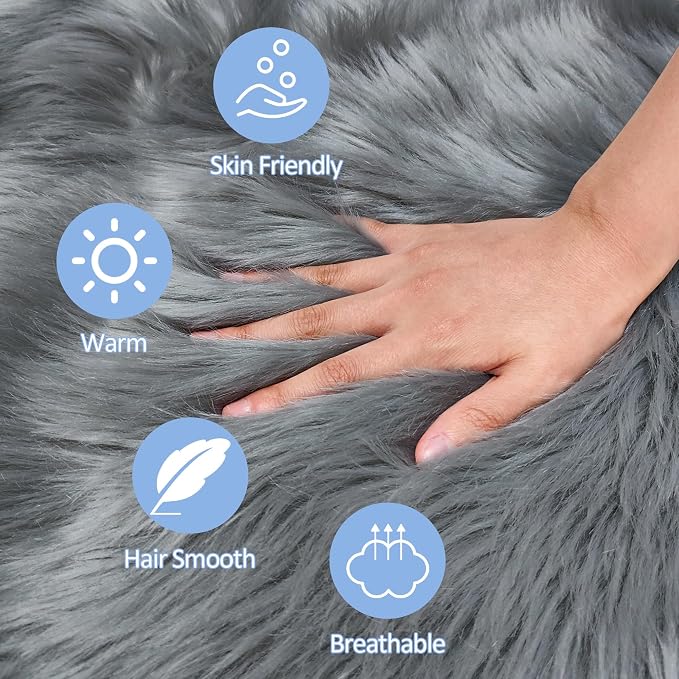 15.7 Inch Grey Mini Round Faux Fur Sheepskin Rugs Small Fluffy Circle Rug - Image 4