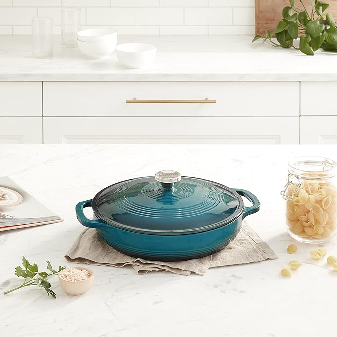 Lodge 3.6 Quart Enameled Cast Iron Covered Casserole with Lid – Dual Handles – Oven Safe up to 500° F or on Stovetop - Use to Marinate, Cook, Bake, Refrigerate and Serve – Lagoon