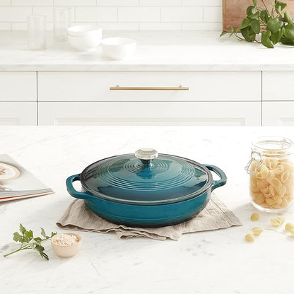 Lodge 3.6 Quart Enameled Cast Iron Covered Casserole with Lid – Dual Handles – Oven Safe up to 500° F or on Stovetop - Use to Marinate, Cook, Bake, Refrigerate and Serve – Lagoon