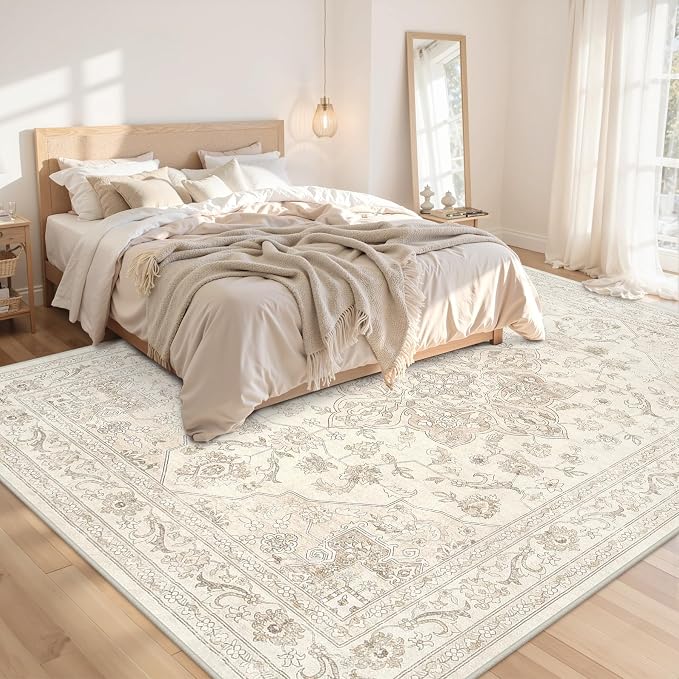 8x10 Area Rugs Living Room: Bedroom Washable Carpet Beige White | Vintage Boho - Image 2