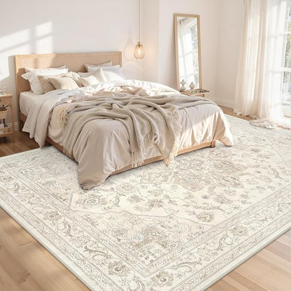 Area Rugs 9x12 Living Room: Bedroom Washable Carpet Beige White | Vintage Boho - Image 2