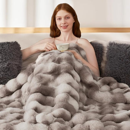 Luxury 1000GSM Rabbit Faux Fur Blanket, Super Heavy Warm Cozy Brown Blankets - Image 6