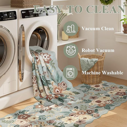 DUKINO 2x8 Washable Runner Rug, Floral Non Slip Kitchen Rugs, Sage Green | Low - Image 7