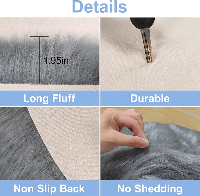 15.7 Inch Grey Mini Round Faux Fur Sheepskin Rugs Small Fluffy Circle Rug - Image 5