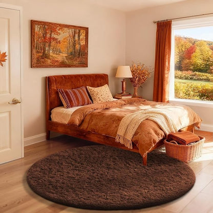 Ophanie Round Rug 4Ft Brown Circle Area Rug, Fluffy Fuzzy Small Bedroom Carpet by Ophanie