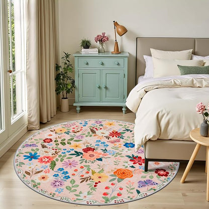PLHXFR Round Area Rug Living Room: 6 ft Floral Washable Soft Carpet Beige | - Image 3