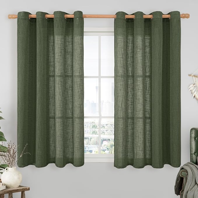 Olive Green Light Filtering Linen Curtains, 54 inch Length Linen Textured Semi by LAMIT