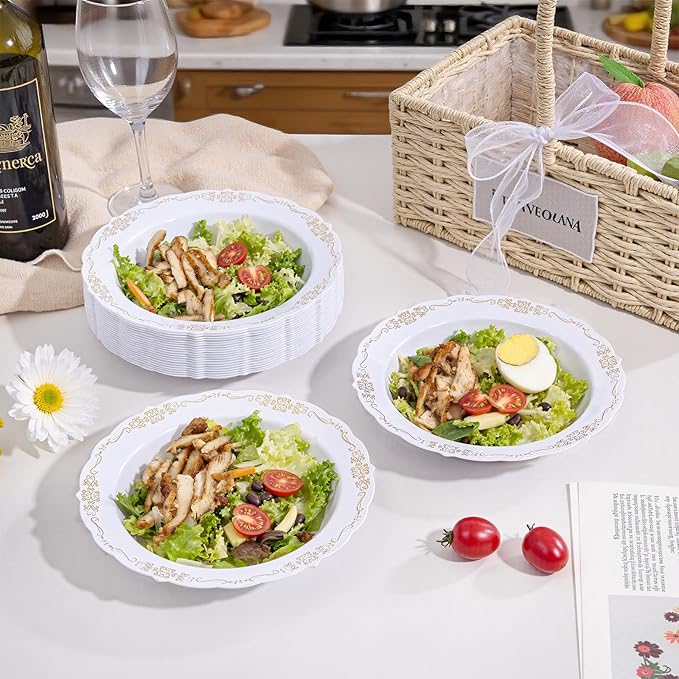 DaYammi 100 Pack Plastic Bowls with Gold Rim, 12oz Disposable Soup Bowls, Plastic bowls Disposable Heavy Duty Dinner bowls for Weddings, Parties, Catering and Everyday Use