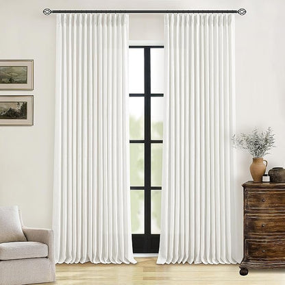 Beige White Pinch Pleated Linen Curtains 96 Inches Long 2 Panels | Light by Twodrapes