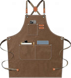 AFUN Chef Aprons for Men Women with Large Pockets, Cotton Canvas Cross Back Heavy Duty Adjustable Work Apron, Size M to XXL (Brown)