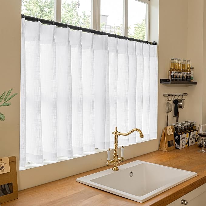 Pleated White Linen Semi Sheer Cafe 30 Inch Curtains 2 Panels | Light Filtering - Image 8