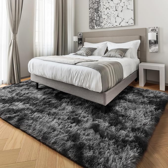 Abstract Fluffy Shaggy Rugs for Living Room Kids Room 5x8 Ft, Tie-Dyed Grey | - Image 9