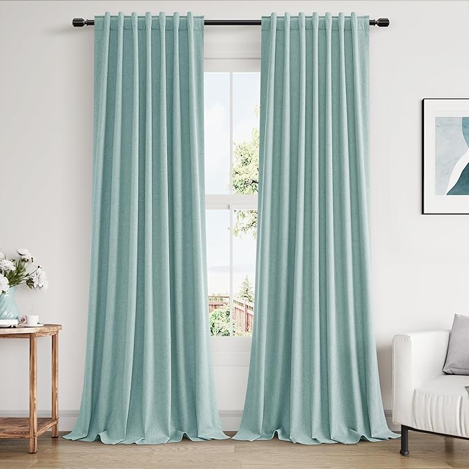 Light Blue 100% Blackout Linen Curtains 100 Inch Length 2 Panels Set by Guken