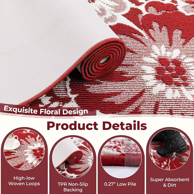Findosom Christmas Runner Rug 2x8, Non Slip High-Low Textured Floral Washable - Image 3