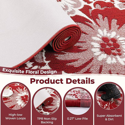 Findosom Christmas Runner Rug 2x8, Non Slip High-Low Textured Floral Washable - Image 3