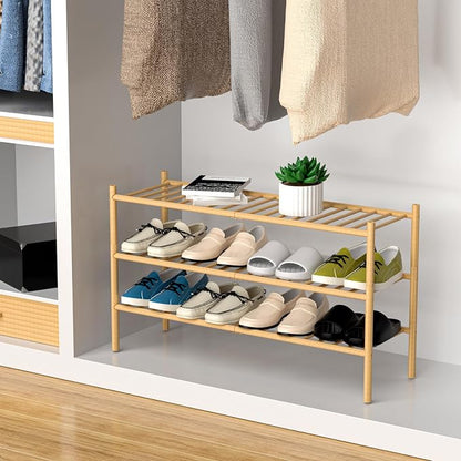 ROMGUAR CRAFT 3-Tier Bamboo Long Shoe Rack, Free Standing Wood Shoe Shelf - Image 4