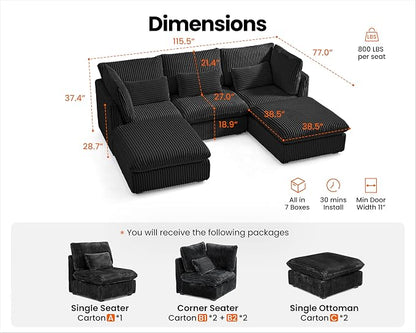 115" Oversized Corduroy Couch Modular Sectional Sofa, Washable Cloud Couch - Image 2
