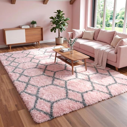 Area Rugs for Girl Bedroom Living Room, 4x6 Fluffy Pink and Grey Modern Rug | - Image 7