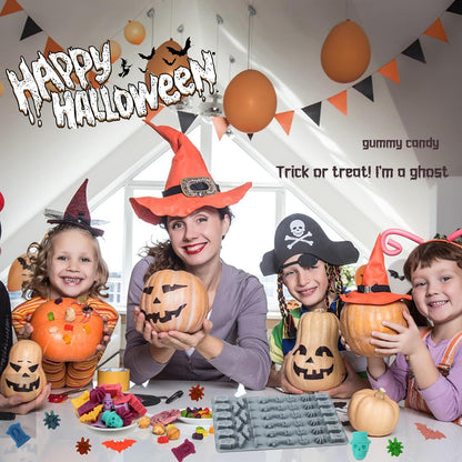 (2 Pack) Silicone Halloween Molds, 96-Cavity Pumpkin Ghost Wizard Hat Bat Spider Tombstone Skull Halloween Silicone Gummy Molds For Chocolate, Fondant, Cupcake Decoration, Biscut - Black&Gray