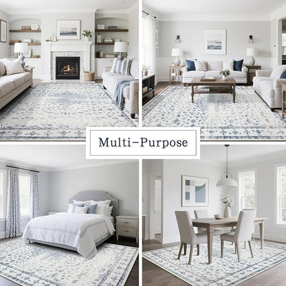 8x10 Washable Area Rugs for Living Room, Dining Room- Blue White | Retro Floral - Image 5