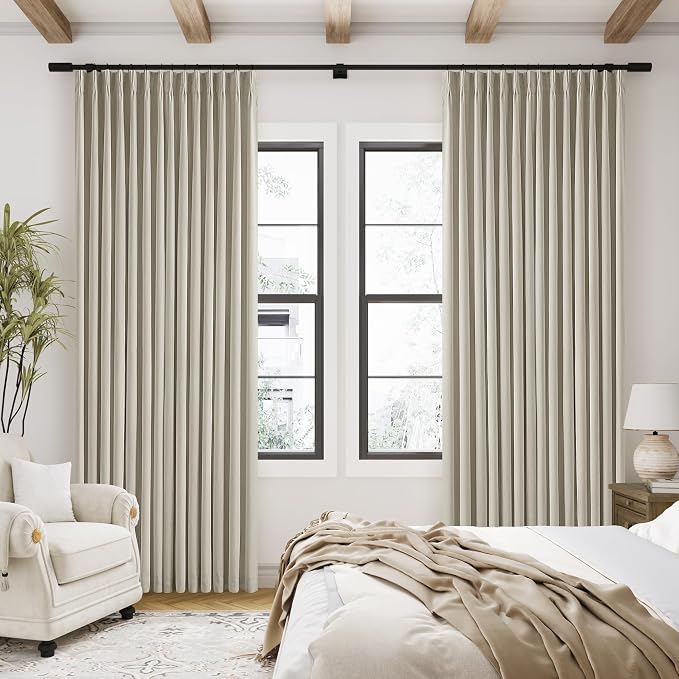 Oatmeal Pinch Pleated Full Blackout Curtains Linen Blend 80 Inches Long | Room - Image 8