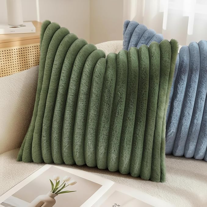 decorUhome Fall Faux Fur Throw Pillow Covers 20x20 Set of 2 Olive Green | - Image 6