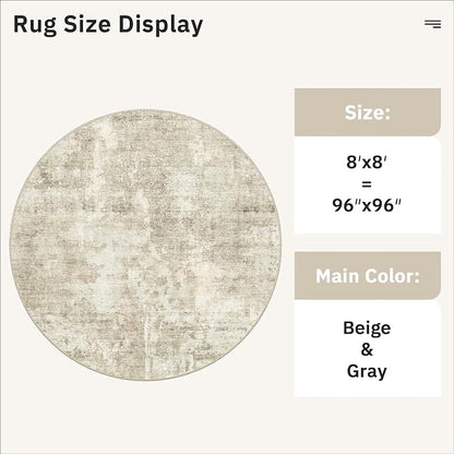 Soalmost Round Rugs 8ft Living Room Circle Area Rug 8x8 Beige/Gray Vintage | - Image 5