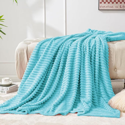 BEDELITE 3D Ribbed Light Blue Fleece Throw Blanket - Image 7