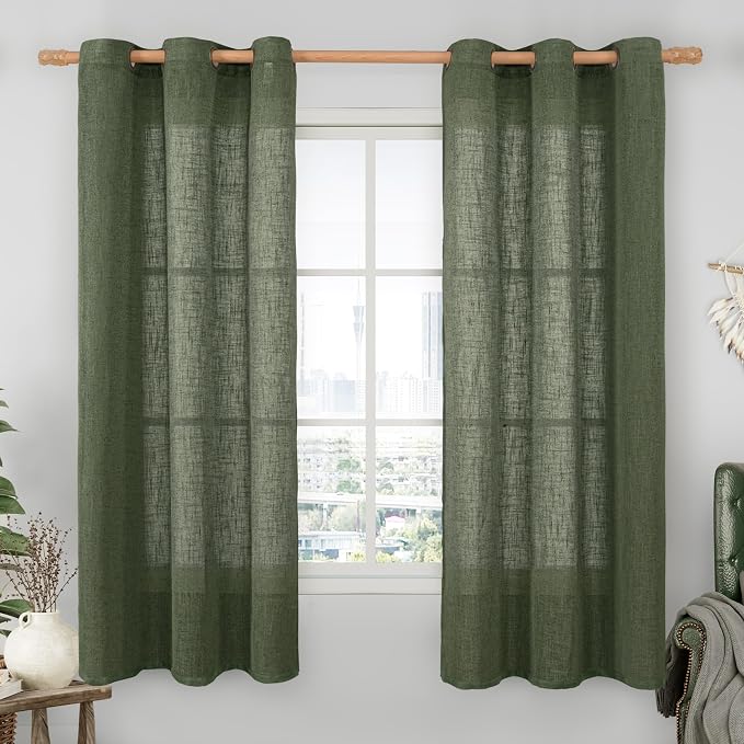 Olive Green Linen Curtains 63 Inch Length 2 Panels by LAMIT