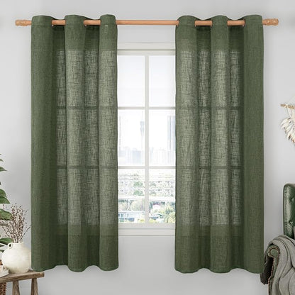 Olive Green Linen Curtains 63 Inch Length 2 Panels by LAMIT