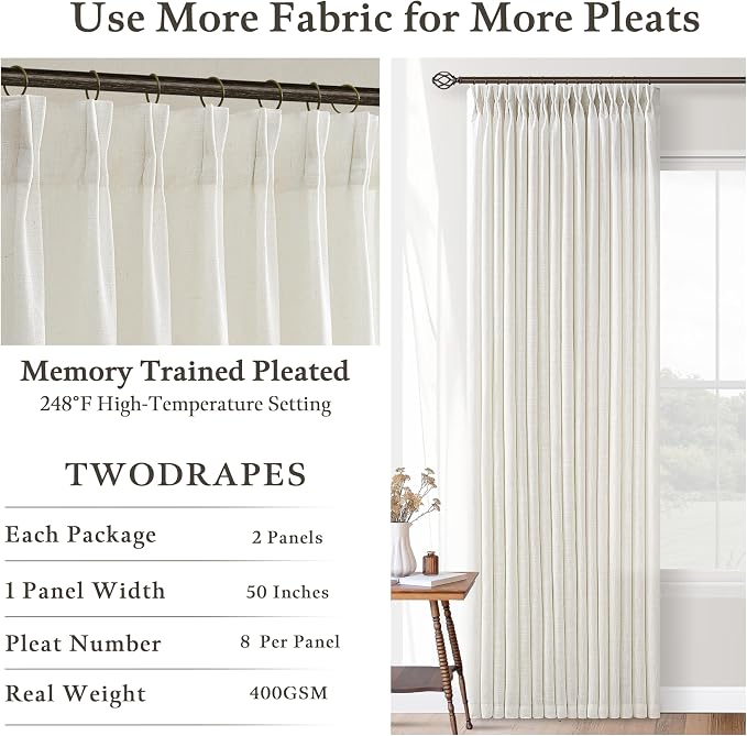 Pleated Linen Cream Light Filter Sheer Boho Curtains 112 Inches Length 50W | - Image 4