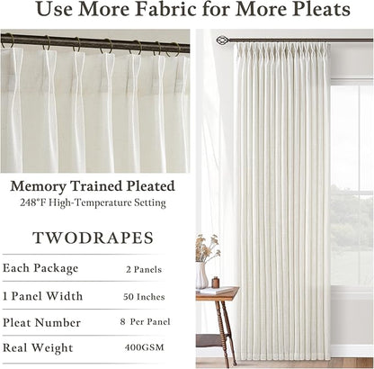 92 Inch Long Pinch Pleat Natural Linen Blend Semi Sheer Curtains 50Wx92L | - Image 5