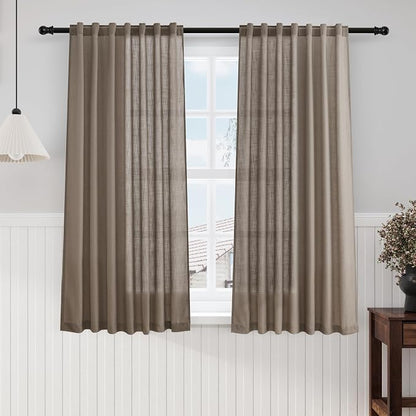 Dark Taupe Linen Sheer Curtains 54 Inch Length 2 Panel Set Back Tab Rod Pocket by Nanspring