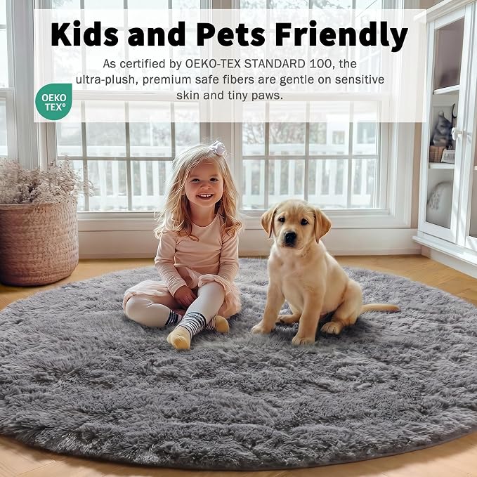 Grey Round Area Rug 4ft, Fluffy Plush Shaggy Carpet Mats - Image 5